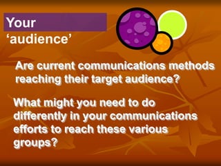 Your
„audience‟
Are current communications methods
reaching their target audience?
What might you need to do
differently in your communications
efforts to reach these various
groups?

 