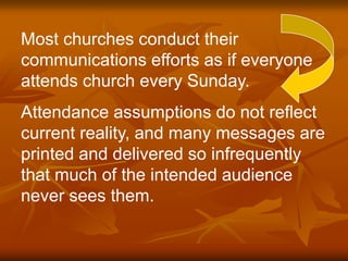 Most churches conduct their
communications efforts as if everyone
attends church every Sunday.
Attendance assumptions do not reflect
current reality, and many messages are
printed and delivered so infrequently
that much of the intended audience
never sees them.

 