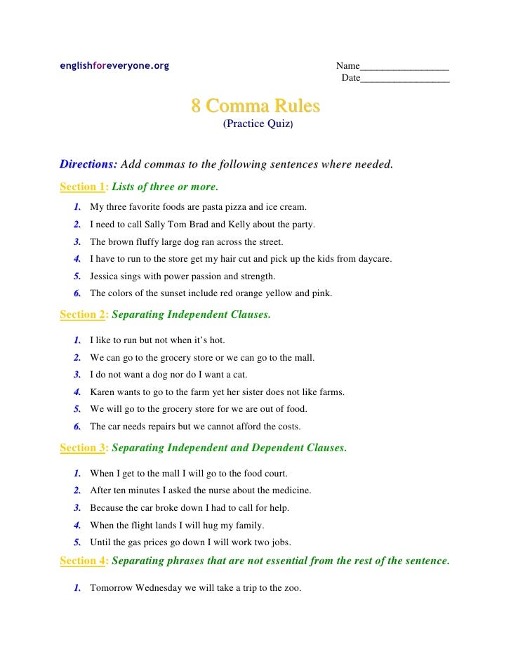 Commas practice quiz