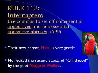 RULE 11J:  Interrupters Use commas to set off nonessential  appositives  and nonessential  appositive phrases . (APP) <ul>...