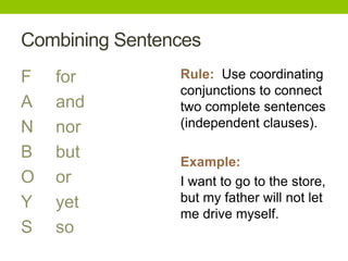 Combining Sentences
F   for         Rule: Use coordinating
                conjunctions to connect
A   and         two complete sentences
N   nor         (independent clauses).

B   but
                Example:
O   or          I want to go to the store,
Y   yet         but my father will not let
                me drive myself.
S   so
 