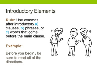 Introductory Elements
Rule: Use commas
after introductory a)
clauses, b) phrases, or
c) words that come
before the main clause.

Example:
Before you begin, be
sure to read all of the
directions.
 