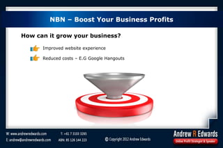 NBN – Boost Your Business Profits
How can it grow your business?
Improved website experience
Reduced costs – E.G Google Hangouts
 