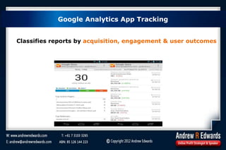 Google Analytics App Tracking
Classifies reports by acquisition, engagement & user outcomes
 
