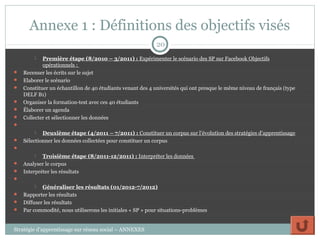 Annexe 1 : Définitions des objectifs visés
                                                            20
           Première étape (8/2010 – 3/2011) : Expérimenter le scénario des SP sur Facebook Objectifs
            opérationnels :
   Recenser les écrits sur le sujet
   Elaborer le scénario
   Constituer un échantillon de 40 étudiants venant des 4 universités qui ont presque le même niveau de français (type
    DELF B1)
   Organiser la formation-test avec ces 40 étudiants
   Élaborer un agenda
   Collecter et sélectionner les données

         Deuxième étape (4/2011 – 7/2011) : Constituer un corpus sur l’évolution des stratégies d’apprentissage
 Sélectionner les données collectées pour constituer un corpus

         Troisième étape (8/2011-12/2011) : Interpréter les données
 Analyser le corpus
 Interpréter les résultats

         Généraliser les résultats (01/2012-7/2012)
 Rapporter les résultats
 Diffuser les résultats
 Par commodité, nous utiliserons les initiales « SP » pour situations-problèmes



Stratégie d’apprentissage sur réseau social – ANNEXES
 