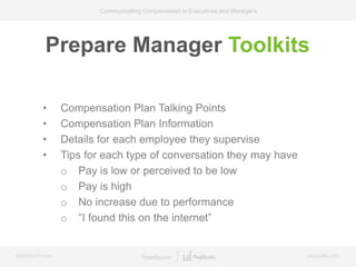 bamboohr.com payscale.com
Communicating Compensation to Executives and Managers
Prepare Manager Toolkits
• Compensation Pl...