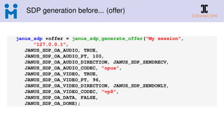 SDP generation before... (offer)
janus_sdp *offer = janus_sdp_generate_offer("My session",
"127.0.0.1",
JANUS_SDP_OA_AUDIO, TRUE,
JANUS_SDP_OA_AUDIO_PT, 100,
JANUS_SDP_OA_AUDIO_DIRECTION, JANUS_SDP_SENDRECV,
JANUS_SDP_OA_AUDIO_CODEC, "opus",
JANUS_SDP_OA_VIDEO, TRUE,
JANUS_SDP_OA_VIDEO_PT, 96,
JANUS_SDP_OA_VIDEO_DIRECTION, JANUS_SDP_SENDONLY,
JANUS_SDP_OA_VIDEO_CODEC, "vp8",
JANUS_SDP_OA_DATA, FALSE,
JANUS_SDP_OA_DONE);
 
