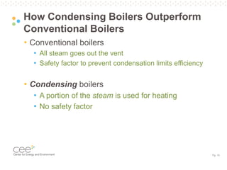 Pg. 10
• Conventional boilers
• All steam goes out the vent
• Safety factor to prevent condensation limits efficiency
• Condensing boilers
• A portion of the steam is used for heating
• No safety factor
How Condensing Boilers Outperform
Conventional Boilers
 