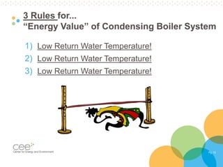 Pg. 13
3 Rules for...
“Energy Value” of Condensing Boiler System
1) Low Return Water Temperature!
2) Low Return Water Temperature!
3) Low Return Water Temperature!
 