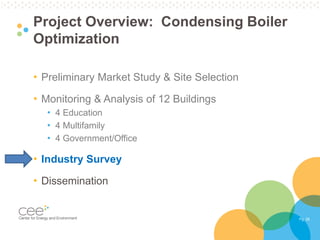 Pg. 28
Project Overview: Condensing Boiler
Optimization
• Preliminary Market Study & Site Selection
• Monitoring & Analysis of 12 Buildings
• 4 Education
• 4 Multifamily
• 4 Government/Office
• Industry Survey
• Dissemination
 