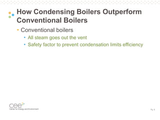Pg. 8
• Conventional boilers
• All steam goes out the vent
• Safety factor to prevent condensation limits efficiency
How Condensing Boilers Outperform
Conventional Boilers
 