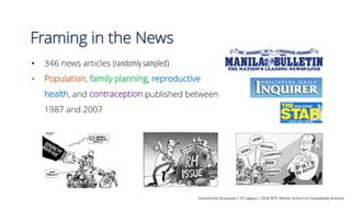 Modularity
Community	Structures	|	EF	Legara	|	2017	NTU	Winter	School	on	Complexity	Science	
Mc =
ncX
c=1
"
Lc
L
✓
kc
2L
◆2
#
Number of
communities
Total number
of links in
Community c
Total node
degrees in
Community c
Total number of
links
1	 2	
3	
Mc = 0.35
Community	1:		
"
4
20
✓
10
40
◆2
#
Community	3:		
"
2
20
✓
8
40
◆2
#
Community	2:		
"
9
20
✓
22
40
◆2
#
 