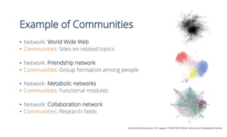 Example of Communities
•  Network: World Wide Web
•  Communities: Sites on related topics
•  Network: Friendship network
•  Communities: Group formation among people
•  Network: Metabolic networks
•  Communities: Functional modules
•  Network: Collaboration network
•  Communities: Research ﬁelds
Community	Structures	|	EF	Legara	|	2016	NTU	Winter	School	on	Complexity	Science	
 