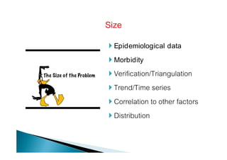  Epidemiological data
 Morbidity
 Verification/Triangulation
 Trend/Time series
 Correlation to other factors
 Distribution
 