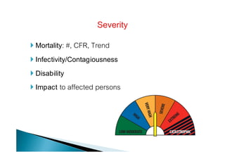  Mortality: #, CFR, Trend
 Infectivity/Contagiousness
 Disability
 Impact to affected persons
 