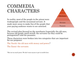 The revised plan focused on the merchants (especially the old ones, 
because old people smell weird), the servants (as they could be 
protagonists!) and the peasants. 
These characters were broken into two categories that are important 
for our purposes: 
The Vecchi: the old men with money and power.* 
The Zanni: the servants 
*But not too much power. We don’t want anyone to get in trouble here. 
Merchants 
Servants 
Peasants 
In reality, most of the people in the piazze were 
tradespeople and the occasional servant. It 
made more sense to make fun of the people that 
your paying audience wants to see satirized. 
 