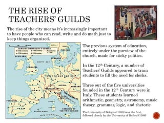 The rise of the city means it’s increasingly important 
to have people who can read, write and do math just to 
keep things organized. 
The previous system of education, 
entirely under the purview of the 
church, made for sticky politics. 
In the 12th Century, a number of 
Teachers’ Guilds appeared to train 
students to fill the need for clerks. 
Three out of the five universities 
founded in the 12th Century were in 
Italy. These students learned 
arithmetic, geometry, astronomy, music 
theory, grammar, logic, and rhetoric. 
The University of Bologna (1088) was the first, 
followed closely by the University of Oxford (1096) 
 