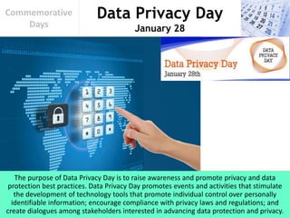 Data Privacy Day
January 28
Commemorative
Days
The purpose of Data Privacy Day is to raise awareness and promote privacy and data
protection best practices. Data Privacy Day promotes events and activities that stimulate
the development of technology tools that promote individual control over personally
identifiable information; encourage compliance with privacy laws and regulations; and
create dialogues among stakeholders interested in advancing data protection and privacy.
 