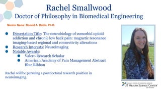 Rachel Smallwood
Doctor of Philosophy in Biomedical Engineering
Dissertation Title: The neurobiology of comorbid opioid
addiction and chronic low back pain: magnetic resonance
imaging-based regional and connectivity alterations
Research Interests: Neuroimaging
Notable Awards:
Valero Research Scholar
American Academy of Pain Management Abstract
Blue Ribbon
Rachel will be pursuing a postdoctoral research position in
neuroimaging.
Mentor Name: Donald A. Robin, Ph.D.
 
