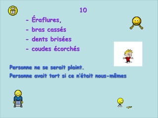 10
- Éraflures,
- bras cassés
- dents brisées
- coudes écorchés


Personne ne se serait plaint.
Personne avait tort si ce n‘était nous-mêmes

 
