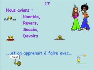 17
Nous avions :
libertés,
Revers,
Succès,
Devoirs
 
 
...et on apprenait à faire avec…

 