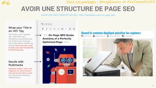 Pour vos partages : @magikmanu et #LeTremplinSEO
13
AVOIR UNE STRUCTURE DE PAGE SEO
AVOIR UNE PAGE PARFAITE EN SEO : http://backlinko.com/on-page-seo
#6
 
