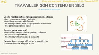 Pour vos partages : @magikmanu et #LeTremplinSEO
© 2016 Eskimoz - Tous droits réservés. 7
TRAVAILLER SON CONTENU EN SILO
LE FAMEUX COCON SÉMANTIQUE
Un silo, c’est des sections homogènes d’un même site avec
- Des univers sémantiques cohérents
- Une hiérarchisation de l’information
- Un maillage interne entre chaque partie d’un même silo
- Des contenus de longue traine
Pourquoi est-ce important ?
- Une meilleure ergonomie et expérience utilisateur
- Une indexation plus facile
- Une meilleure répartition de la popularité
Exemple : Dans un menu, afficher les sous catégories
uniquement relative à la page active.
#2
 