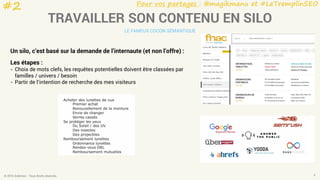 Pour vos partages : @magikmanu et #LeTremplinSEO
© 2016 Eskimoz - Tous droits réservés. 8
TRAVAILLER SON CONTENU EN SILO
LE FAMEUX COCON SÉMANTIQUE
Un silo, c’est basé sur la demande de l’internaute (et non l’offre) :
#2
Les étapes :
- Choix de mots clefs, les requêtes potentielles doivent être classées par
familles / univers / besoin
- Partir de l’intention de recherche des mes visiteurs
 