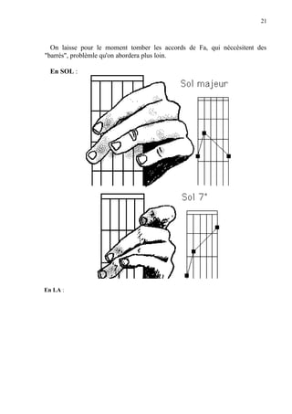 21
On laisse pour le moment tomber les accords de Fa, qui néccésitent des
"barrés", problèmle qu'on abordera plus loin.
En SOL :
En LA :
 