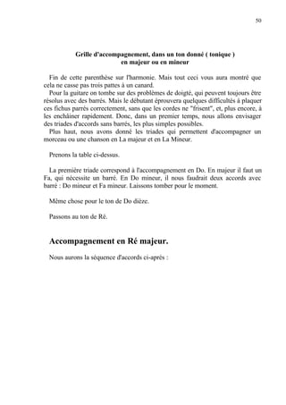 50
Grille d'accompagnement, dans un ton donné ( tonique )
en majeur ou en mineur
Fin de cette parenthèse sur l'harmonie. Mais tout ceci vous aura montré que
cela ne casse pas trois pattes à un canard.
Pour la guitare on tombe sur des problèmes de doigté, qui peuvent toujours être
résolus avec des barrés. Mais le débutant éprouvera quelques difficultés à plaquer
ces fichus parrés correctement, sans que les cordes ne "frisent", et, plus encore, à
les enchâiner rapidement. Donc, dans un premier temps, nous allons envisager
des triades d'accords sans barrés, les plus simples possibles.
Plus haut, nous avons donné les triades qui permettent d'accompagner un
morceau ou une chanson en La majeur et en La Mineur.
Prenons la table ci-dessus.
La première triade correspond à l'accompagnement en Do. En majeur il faut un
Fa, qui nécessite un barré. En Do mineur, il nous faudrait deux accords avec
barré : Do mineur et Fa mineur. Laissons tomber pour le moment.
Même chose pour le ton de Do dièze.
Passons au ton de Ré.
Accompagnement en Ré majeur.
Nous aurons la séquence d'accords ci-après :
 