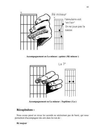 60
Accompagnement en La mineur : quinte ( Ré mineur )
Accompagnement en La mineur : Septième ( La )
Récapitulons :
Nous avons passé en revue les accords ne nécéssitant pas de barré, qui nous
permettent d'accompagner des airs dans les ton de :
Ré majeur
 