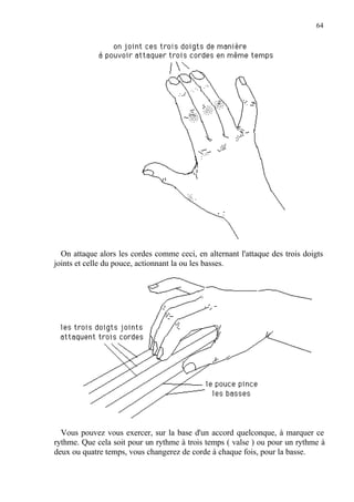 64
On attaque alors les cordes comme ceci, en alternant l'attaque des trois doigts
joints et celle du pouce, actionnant la ou les basses.
Vous pouvez vous exercer, sur la base d'un accord quelconque, à marquer ce
rythme. Que cela soit pour un rythme à trois temps ( valse ) ou pour un rythme à
deux ou quatre temps, vous changerez de corde à chaque fois, pour la basse.
 