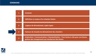 16
© XL SA | formation@xl-groupe.com | Paris 01 78 16 11 99 | Région 04 76 61 34 40 | 88, Allée Galilée 38330 Montbonnot-Saint-Martin | Organisme de formation (Préfecture de région) 82 38 00 90938 | SIRET 347 945 628 000 50
1
3
4
5
2
Contexte
Logique de déroulement, sujets-types
Facteurs de réussite du déroulement des chantiers
Implication / Communication / Standardisation : Trois facteurs clés pour une bonne
gestion des changements qui résulteront des Kaizen
Questions / réponses
SOMMAIRE
Définition et enjeux d’un chantier Kaizen
 