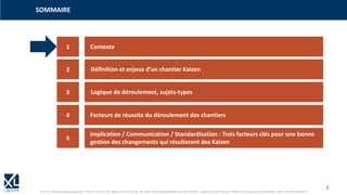 2
© XL SA | formation@xl-groupe.com | Paris 01 78 16 11 99 | Région 04 76 61 34 40 | 88, Allée Galilée 38330 Montbonnot-Saint-Martin | Organisme de formation (Préfecture de région) 82 38 00 90938 | SIRET 347 945 628 000 50
1
3
4
5
2
Contexte
Logique de déroulement, sujets-types
Facteurs de réussite du déroulement des chantiers
Implication / Communication / Standardisation : Trois facteurs clés pour une bonne
gestion des changements qui résulteront des Kaizen
Questions / réponses
SOMMAIRE
Définition et enjeux d’un chantier Kaizen
 