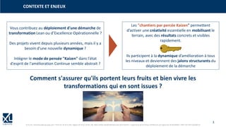 3
© XL SA | formation@xl-groupe.com | Paris 01 78 16 11 99 | Région 04 76 61 34 40 | 88, Allée Galilée 38330 Montbonnot-Saint-Martin | Organisme de formation (Préfecture de région) 82 38 00 90938 | SIRET 347 945 628 000 50
CONTEXTE ET ENJEUX
Vous contribuez au déploiement d'une démarche de
transformation Lean ou d’Excellence Opérationnelle ?
Des projets vivent depuis plusieurs années, mais il y a
besoin d'une nouvelle dynamique ?
Intégrer le mode de pensée "Kaizen" dans l'état
d'esprit de l'amélioration Continue semble abstrait ?
Comment s'assurer qu'ils portent leurs fruits et bien vivre les
transformations qui en sont issues ?
Les "chantiers par percée Kaizen" permettent
d’activer une créativité essentielle en mobilisant le
terrain, avec des résultats concrets et visibles
rapidement.
Ils participent à la dynamique d’amélioration à tous
les niveaux et deviennent des jalons structurants du
déploiement de la démarche
 