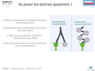 #VWD Roland Debrabant – @rdebrabant – CEO
1. Devons-suivre suivre les mêmes indicateurs
entre chaque pays ?
2. Connaissez-vous les coutumes et les mœurs
des pays ciblés ?
3. Avez-vous la capacité à travailler le
marketing du pays ciblé ?
4. Est-ce que votre site est vraiment optimisé
pour l’international ?
Se poser les bonnes questions !
 