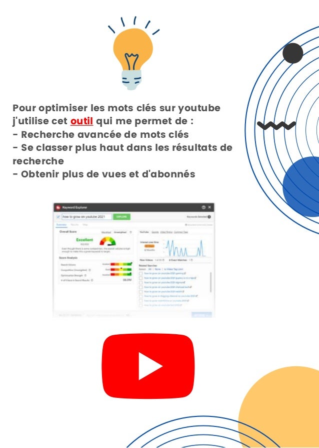 Pour optimiser les mots clés sur youtube
j'utilise cet outil qui me permet de :
- Recherche avancée de mots clés
- Se classer plus haut dans les résultats de
recherche
- Obtenir plus de vues et d'abonnés
 
