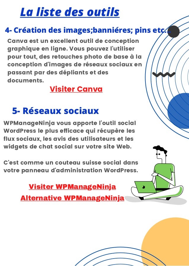 La liste des outils
4- Création des images;banniéres; pins etc...


Canva est un excellent outil de conception
graphique en ligne. Vous pouvez l'utiliser
pour tout, des retouches photo de base à la
conception d'images de réseaux sociaux en
passant par des dépliants et des
documents.
Visiter Canva
5- Réseaux sociaux
WPManageNinja vous apporte l'outil social
WordPress le plus efficace qui récupère les
flux sociaux, les avis des utilisateurs et les
widgets de chat social sur votre site Web.
C'est comme un couteau suisse social dans
votre panneau d'administration WordPress.
Visiter WPManageNinja
Alternative WPManageNinja
 