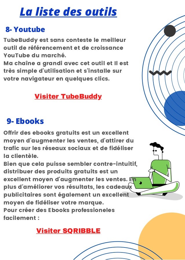 La liste des outils
8- Youtube


TubeBuddy est sans conteste le meilleur
outil de référencement et de croissance
YouTube du marché.
Ma chaîne a grandi avec cet outil et Il est
très simple d'utilisation et s'installe sur
votre navigateur en quelques clics.


9- Ebooks
Offrir des ebooks gratuits est un excellent
moyen d'augmenter les ventes, d'attirer du
trafic sur les réseaux sociaux et de fidéliser
la clientèle.
Bien que cela puisse sembler contre-intuitif,
distribuer des produits gratuits est un
excellent moyen d'augmenter les ventes. En
plus d'améliorer vos résultats, les cadeaux
publicitaires sont également un excellent
moyen de fidéliser votre marque.
Pour créer des Ebooks professioneles
facilement :
Visiter SQRIBBLE
Visiter TubeBuddy
 