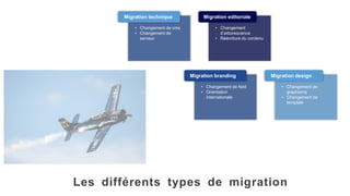 Migration design
• Changement de
graphisme
• Changement de
template
Migration branding
• Changement de Ndd
• Orientation
internationale
Migration editoriale
• Changement
d’arborescence
• Réécriture du contenu
Migration technique
• Changement de cms
• Changement de
serveur
Les différents types de migration
 
