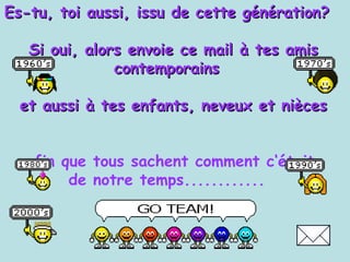 Es-tu, toi aussi, issu de cette génération? Si oui, alors envoie ce mail à tes amis contemporains  et aussi à tes enfants, neveux et nièces  afin que tous sachent comment c‘était  de notre temps............ 
