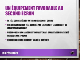 UN ÉQUIPEMENT FAVORABLE AU
SECOND ÉCRAN
• LA TÉLÉ CONNECTÉE EST UN TERME LARGEMENT CONNU
• UNE CONSOMMATION TÉLÉ DOMINÉE PAR LES FILMS ET LES SÉRIES ET DE
MANIÈRE INDIVIDUELLE

• UN SECOND ÉCRAN LARGEMENT IMPLANTÉ MAIS DAVANTAGE REPRÉSENTÉ
PAR LES SMARTPHONES

• UN SECOND ÉCRAN DIFFÉRENT SELON LE CONTEXTE

Les résultats

 