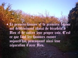 • Le premier homme et la première femme
ont délibérément choisi de désobéir à
Dieu et de suivre leur propre voie. C’est
ce que font les hommes encore
aujourd’hui, provoquant ainsi leur
séparation d’avec Dieu.
 