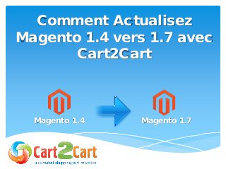 Comment Actualisez
Magento 1.4 vers 1.7 avec
Cart2Cart
Magento 1.4 Magento 1.7
 