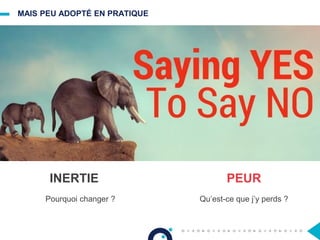 MAIS PEU ADOPTÉ EN PRATIQUE
INERTIE PEUR
Pourquoi changer ? Qu’est-ce que j’y perds ?
 