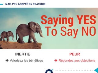 MAIS PEU ADOPTÉ EN PRATIQUE
INERTIE PEUR
 Valorisez les bénéfices  Répondez aux objections
 