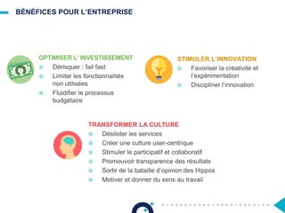 BÉNÉFICES POUR L’ENTREPRISE
OPTIMISER L’ INVESTISSEMENT
 Dérisquer : fail fast
 Limiter les fonctionnalités
non utilisées
 Fluidifier le processus
budgétaire
STIMULER L’INNOVATION
 Favoriser la créativité et
l’expérimentation
 Discipliner l’innovation
TRANSFORMER LA CULTURE
 Désiloter les services
 Créer une culture user-centrique
 Stimuler le participatif et collaboratif
 Promouvoir transparence des résultats
 Sortir de la bataille d’opinion des Hippos
 Motiver et donner du sens au travail
 