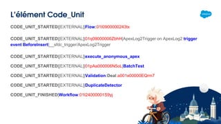L’élément Code_Unit
CODE_UNIT_STARTED|[EXTERNAL]|Flow:01I0900000243tx
CODE_UNIT_STARTED|[EXTERNAL]|01q09000000ZbhH|ApexLog2Trigger on ApexLog2 trigger
event BeforeInsert|__sfdc_trigger/ApexLog2Trigger
CODE_UNIT_STARTED|[EXTERNAL]|execute_anonymous_apex
CODE_UNIT_STARTED|[EXTERNAL]|01pAa000006N5oL|BatchTest
CODE_UNIT_STARTED|[EXTERNAL]|Validation:Deal:a001x00000EQrm7
CODE_UNIT_STARTED|[EXTERNAL]|DuplicateDetector
CODE_UNIT_FINISHED|Workflow:01I24000001S9yj
 