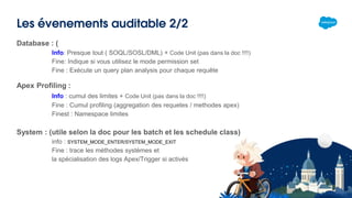 Les évenements auditable 2/2
Database : (
Info: Presque tout ( SOQL/SOSL/DML) + Code Unit (pas dans la doc !!!!)
Fine: Indique si vous utilisez le mode permission set
Fine : Exécute un query plan analysis pour chaque requête
Apex Profiling :
Info : cumul des limites + Code Unit (pas dans la doc !!!!)
Fine : Cumul profiling (aggregation des requetes / methodes apex)
Finest : Namespace limites
System : (utile selon la doc pour les batch et les schedule class)
info : SYSTEM_MODE_ENTER/SYSTEM_MODE_EXIT
Fine : trace les méthodes systèmes et
la spécialisation des logs Apex/Trigger si activés
 