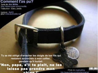 Tu as été obligé d'arracher les doigts de ton fils qui restaient accrochés à mon collier,  pendant qu'il hurlait  'Non, papa, s'il te plaît, ne les laisse pas prendre mon chien !' 